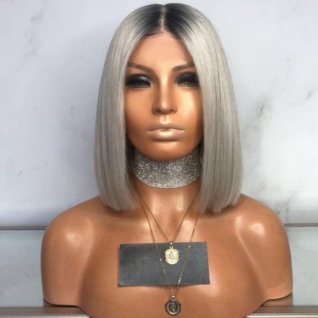 Women's wig black gray mixed color middle part bobo short straight hair inner buckle bob short hair dyed chemical fiber hair - V.I.P Digital Presence