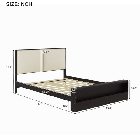 Queen Size Platform Bed Frame with Upholstery Headboard and Bookshelf in Footboard and LED Light Strips, Espresso - V.I.P Digital Presence
