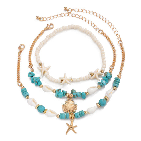 Vacation beach style turquoise set with special dense chain, simple starfish multi-layer rice bead ankle chain - V.I.P Digital Presence