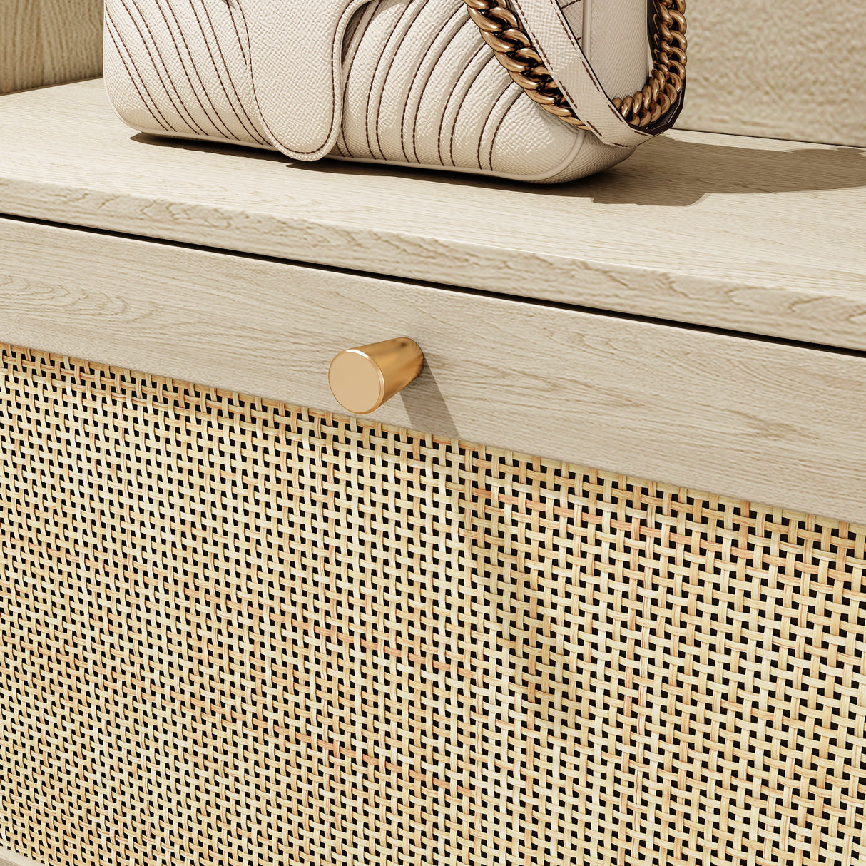 Natural Bohemian style shoe cabinet with 3 rattan flip drawers, 3 square shelves, and 1 storage drawer,  Natural - V.I.P Digital Presence