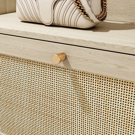 Natural Bohemian style shoe cabinet with 3 rattan flip drawers, 3 square shelves, and 1 storage drawer,  Natural - V.I.P Digital Presence