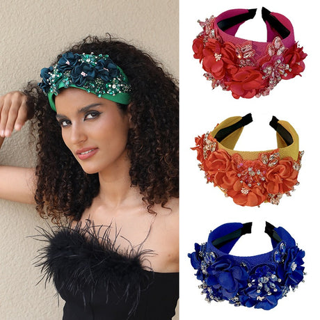 Solid color fabric flower oversized wide edged crystal headband - V.I.P Digital Presence