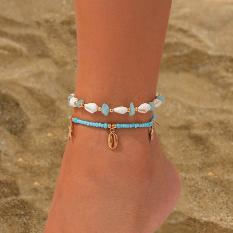 Leisure style beach circular rice bead foot ring 3-piece set, water droplet coin acrylic foot chain - V.I.P Digital Presence