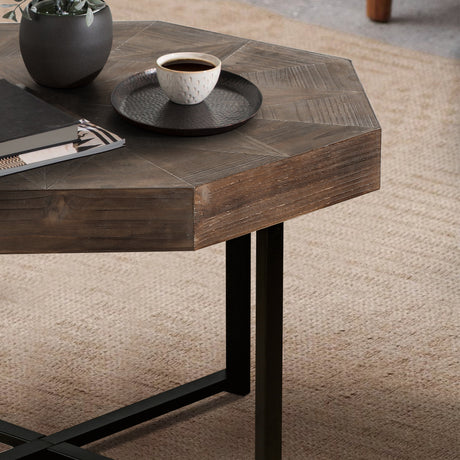 Wooden octagonal retro patchwork craft 30 inch wooden tabletop cross metal leg coffee table (antique brown) - V.I.P Digital Presence