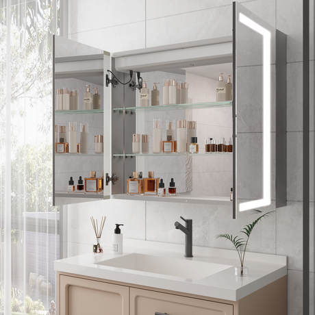 36 x 30 inch Medicine Cabinet with LED Vanity Mirror Anti-Fog  Recessed or Surface Mount Waterproof DimmableAluminum 3000K~6000K Lighted Double Door Bathroom Cabinet with Touch Switch - V.I.P Digital Presence