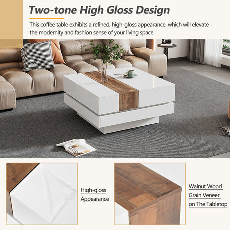 ON-TRANS 31.4 inches x 31.4 inches with sliding tabletop, high gloss center table, hidden storage room white - V.I.P Digital Presence