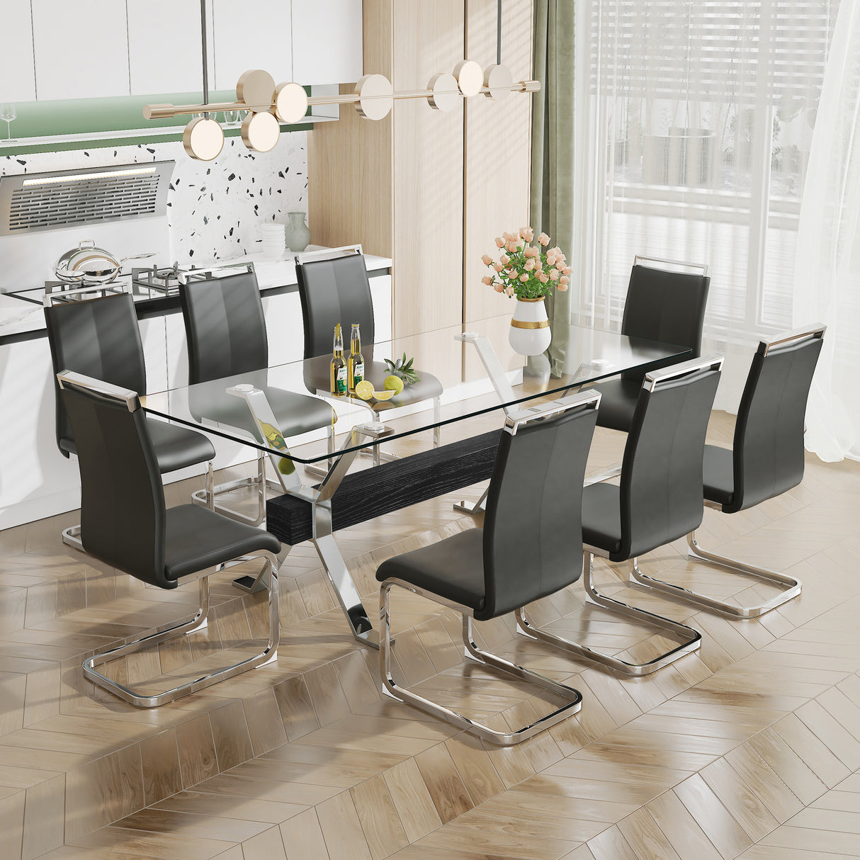 Dining table Modern tempered glass dining table Large modern office desk with silver plated metal legs and MDF crossbars - V.I.P Digital Presence