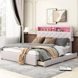 Queen Size Upholstered Platform Bed with Storage Headboard  LED  USB Charging and 2 Drawers  Beige