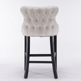 Velvet padded wing back bar stool with button tuft decoration and wooden leg chrome nail head decoration 2-piece set (beige)