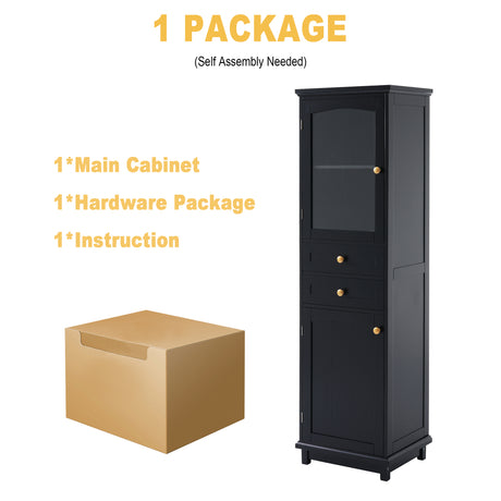 Tall Bathroom Storage Cabinet with Glass Doors, Free-Standing, Two Drawers, and Adjustable Shelves, MDF Board, Painted Black - V.I.P Digital Presence