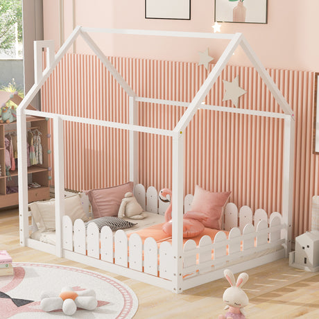 (Slats are not included) Full Size Wood Bed House Bed Frame with Fence for Kids Teens Girls Boys (White ) - V.I.P Digital Presence