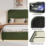 Large hydraulic storage bed with soft cushion lifting storage bed with RGB LED lights, Bluetooth speaker lychee velvet, green - V.I.P Digital Presence