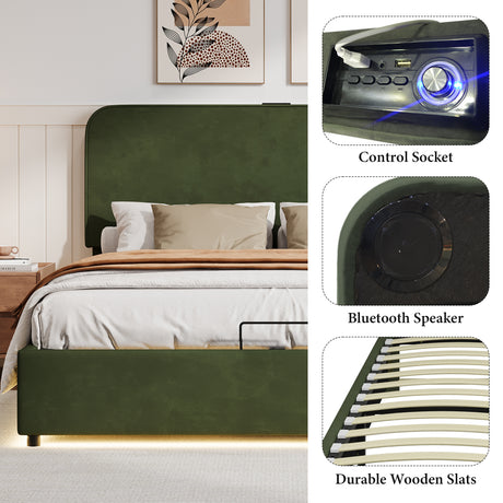 Large hydraulic storage bed with soft cushion lifting storage bed with RGB LED lights, Bluetooth speaker lychee velvet, green - V.I.P Digital Presence