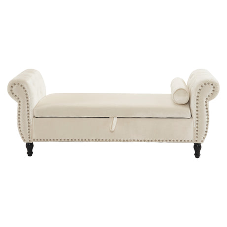 Velvet Multifunctional Storage Rectangular ottoman bench with 1 Pillow, Beige - V.I.P Digital Presence