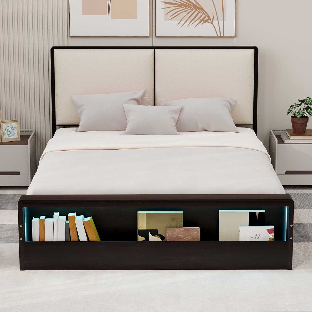 Queen Size Platform Bed Frame with Upholstery Headboard and Bookshelf in Footboard and LED Light Strips, Espresso - V.I.P Digital Presence
