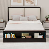 Queen Size Platform Bed Frame with Upholstery Headboard and Bookshelf in Footboard and LED Light Strips, Espresso - V.I.P Digital Presence