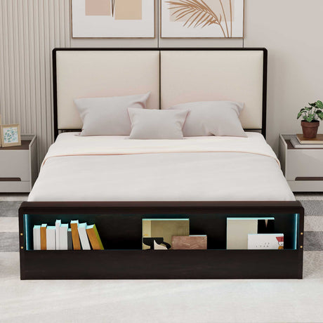 Queen Size Platform Bed Frame with Upholstery Headboard and Bookshelf in Footboard and LED Light Strips, Espresso - V.I.P Digital Presence