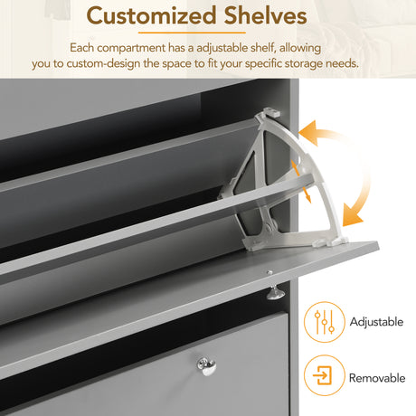 ON-TRANS narrow design shoe cabinet with 3 flip drawers and 3 independent shoe racks with 3 hooks, gray - V.I.P Digital Presence