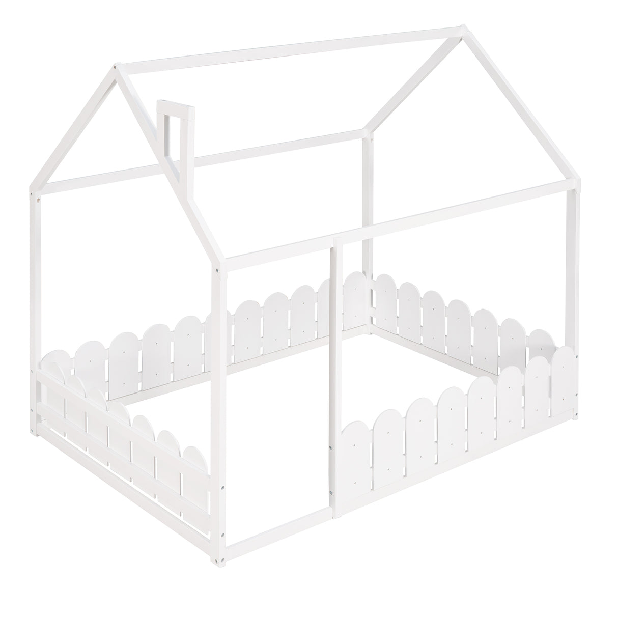 (Slats are not included) Full Size Wood Bed House Bed Frame with Fence for Kids Teens Girls Boys (White ) - V.I.P Digital Presence
