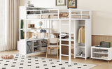 Metal loft bed with wardrobe and L-shaped desk, full-size loft bed with storage cabinet and shelf, white - V.I.P Digital Presence
