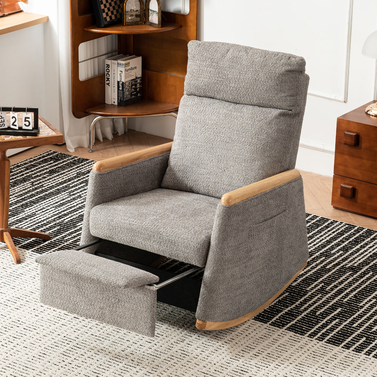 Accent Rocking Chair with Footrest High Back Rubber Wood Rocking Legs Bedroom Living Space 38.6D X 26.8W X 40.6H Inch - V.I.P Digital Presence