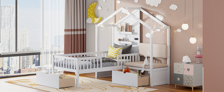 Twin Size House Bed with Upholstered Sofa, House Bed with Charging Station, Wireless Charging, Shelves and Two Drawers, White - V.I.P Digital Presence