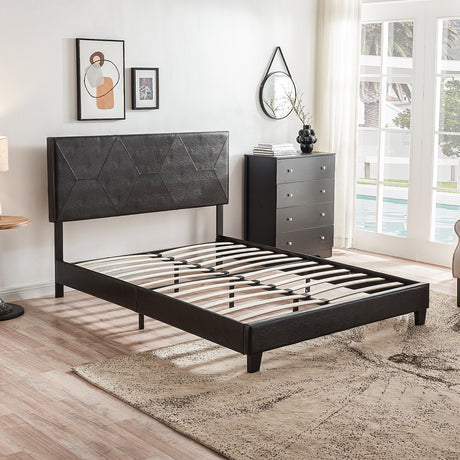 Queen Size Upholstered Platform Bed Frame Wood Slat Support Easy Assembly Black pu - V.I.P Digital Presence