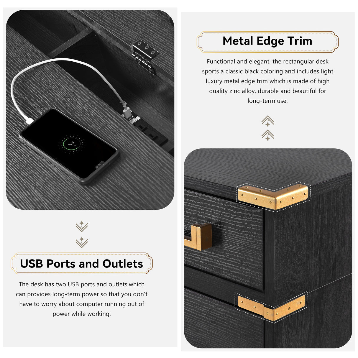 70 inch classic and traditional executive desk with metal trim, writing desk with 2 file drawers, USB ports, and sockets, black - V.I.P Digital Presence