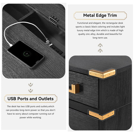 70 inch classic and traditional executive desk with metal trim, writing desk with 2 file drawers, USB ports, and sockets, black - V.I.P Digital Presence