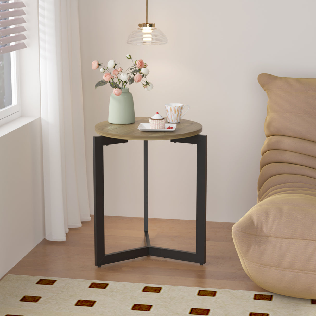 19.68''H Round Side Table, Round Accent End Table with Sturdy Metal Frame, Round Nightstand, for Living Room, Brown - V.I.P Digital Presence