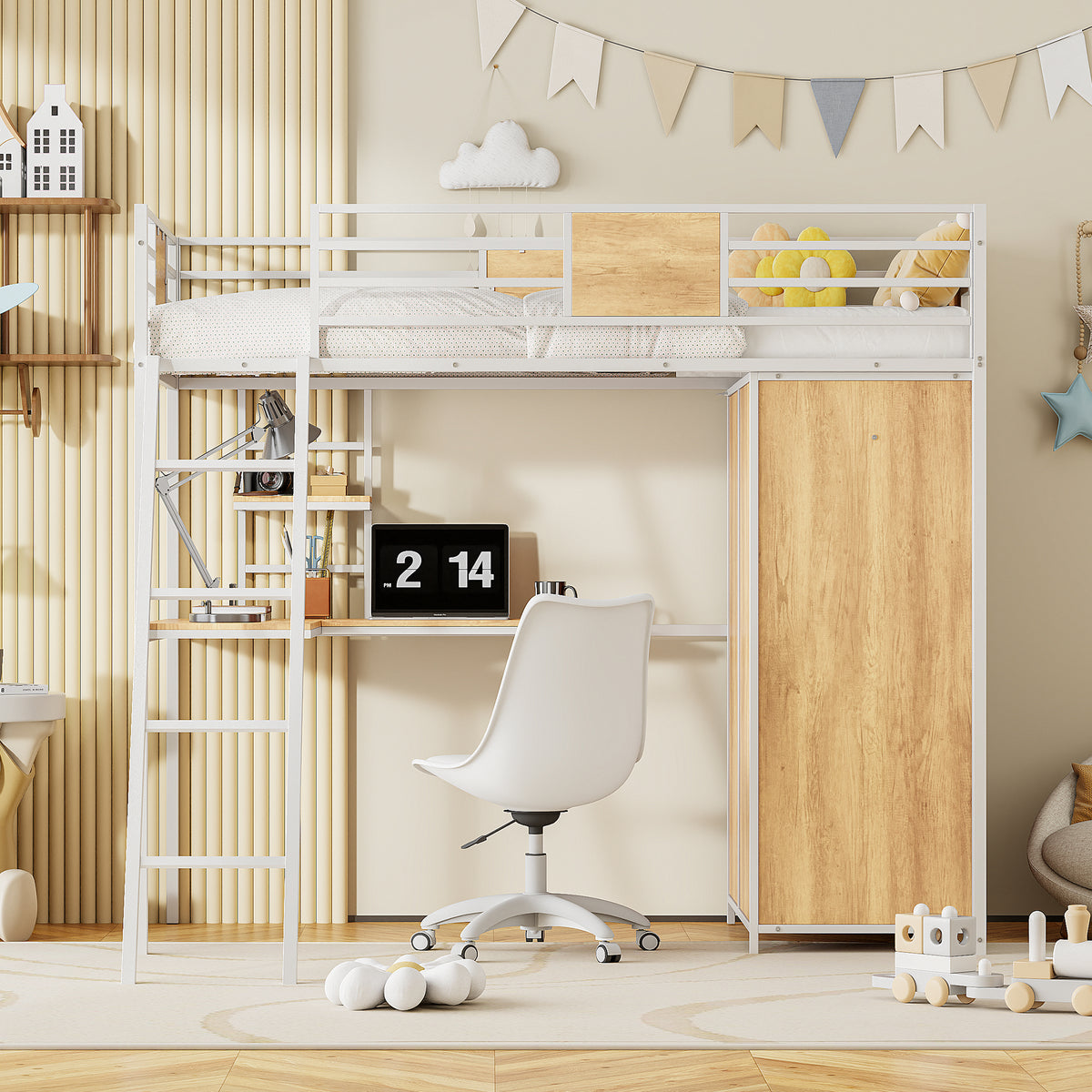 Twin Size Loft bed with L-shape Desk and Wardrobe, White - V.I.P Digital Presence