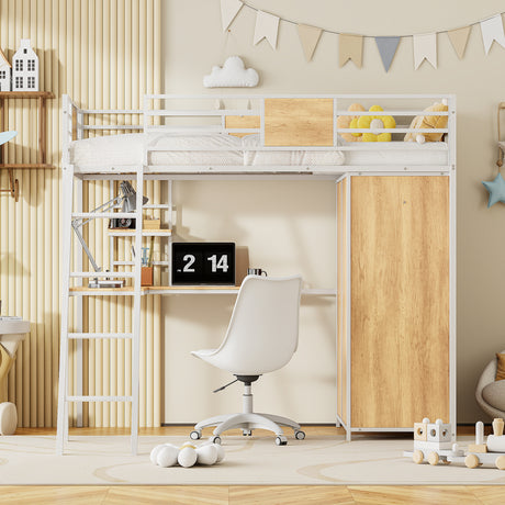 Twin Size Loft bed with L-shape Desk and Wardrobe, White - V.I.P Digital Presence