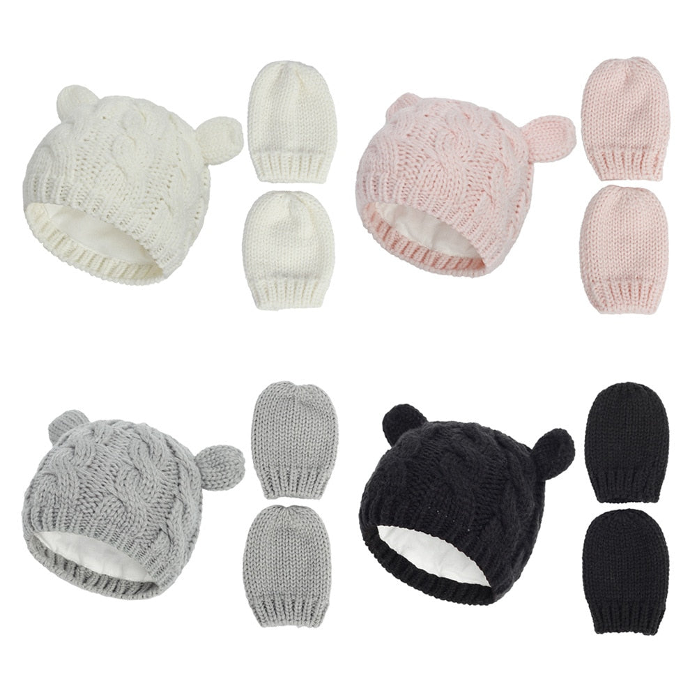 New Baby Kids Girls Boys Winter Warm Knit Hat Ear Solid Warm Cute Glove 2pcs Lovely Beanie Cap 0-18M - V.I.P Digital Presence