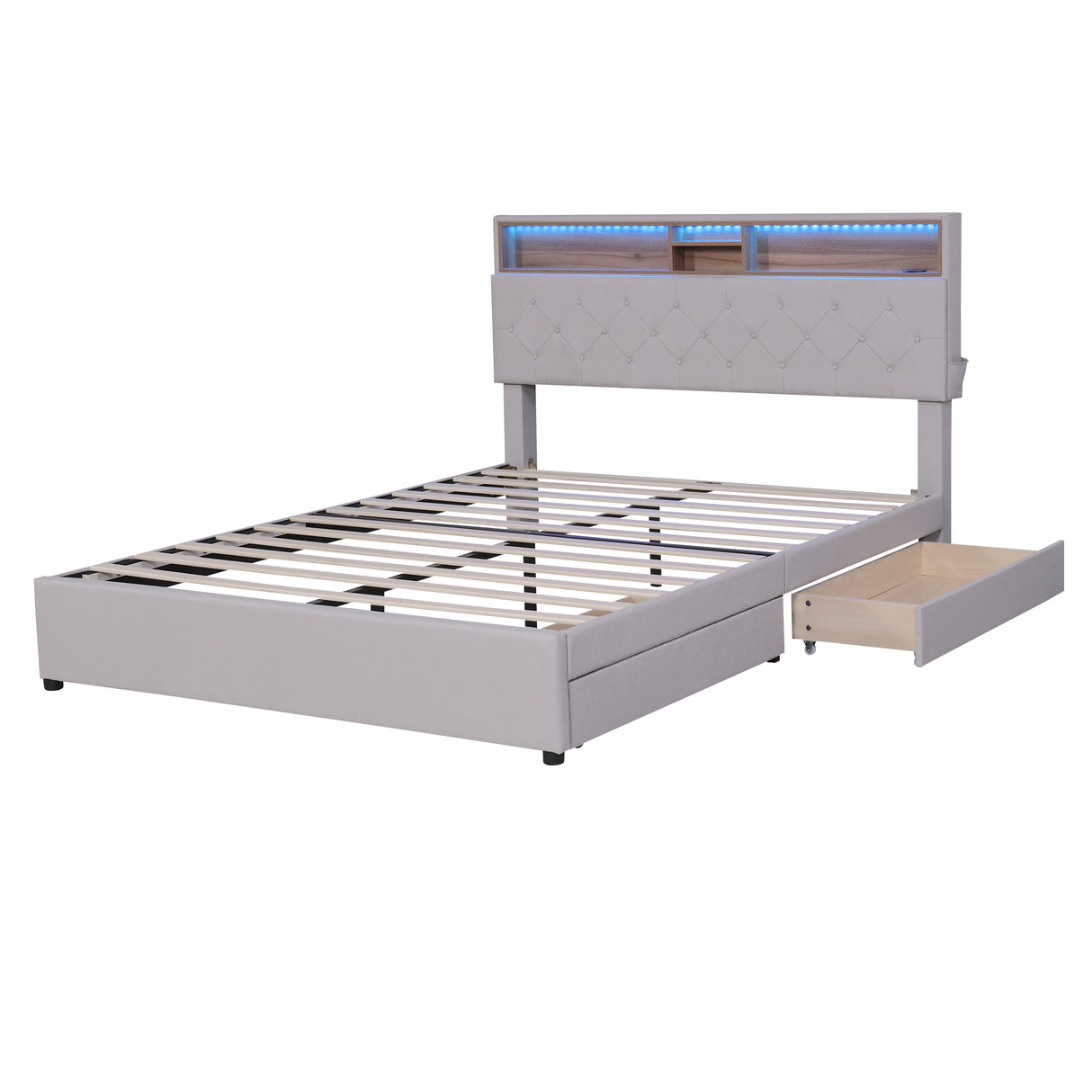Queen Size Upholstered Platform Bed with Storage Headboard  LED  USB Charging and 2 Drawers  Beige