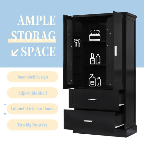 Tall Bathroom Storage Cabinet, Cabinet with Two Doors and Drawers, Adjustable Shelf, MDF Board, Black - V.I.P Digital Presence