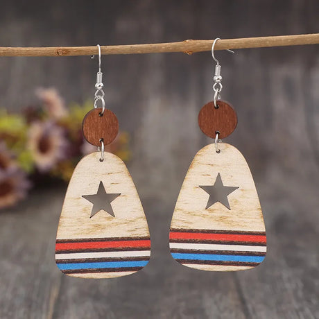 Cutout Star & Stripes Wooden Dangle Earrings - V.I.P Digital Presence