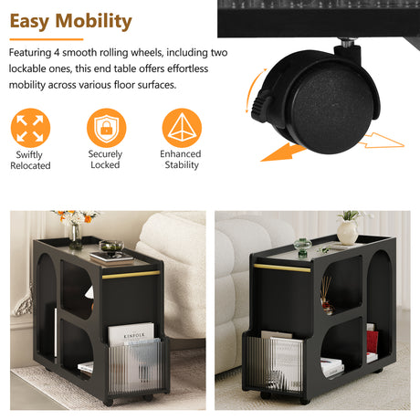 Stylish mobile desk with lockable wheels,bedside table with 5mm thick grooved tempered glass and gold round bars ，black - V.I.P Digital Presence