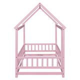 Twin Size Floor Wooden Bed with House Roof Frame, Fence Guardrails,Pink - V.I.P Digital Presence