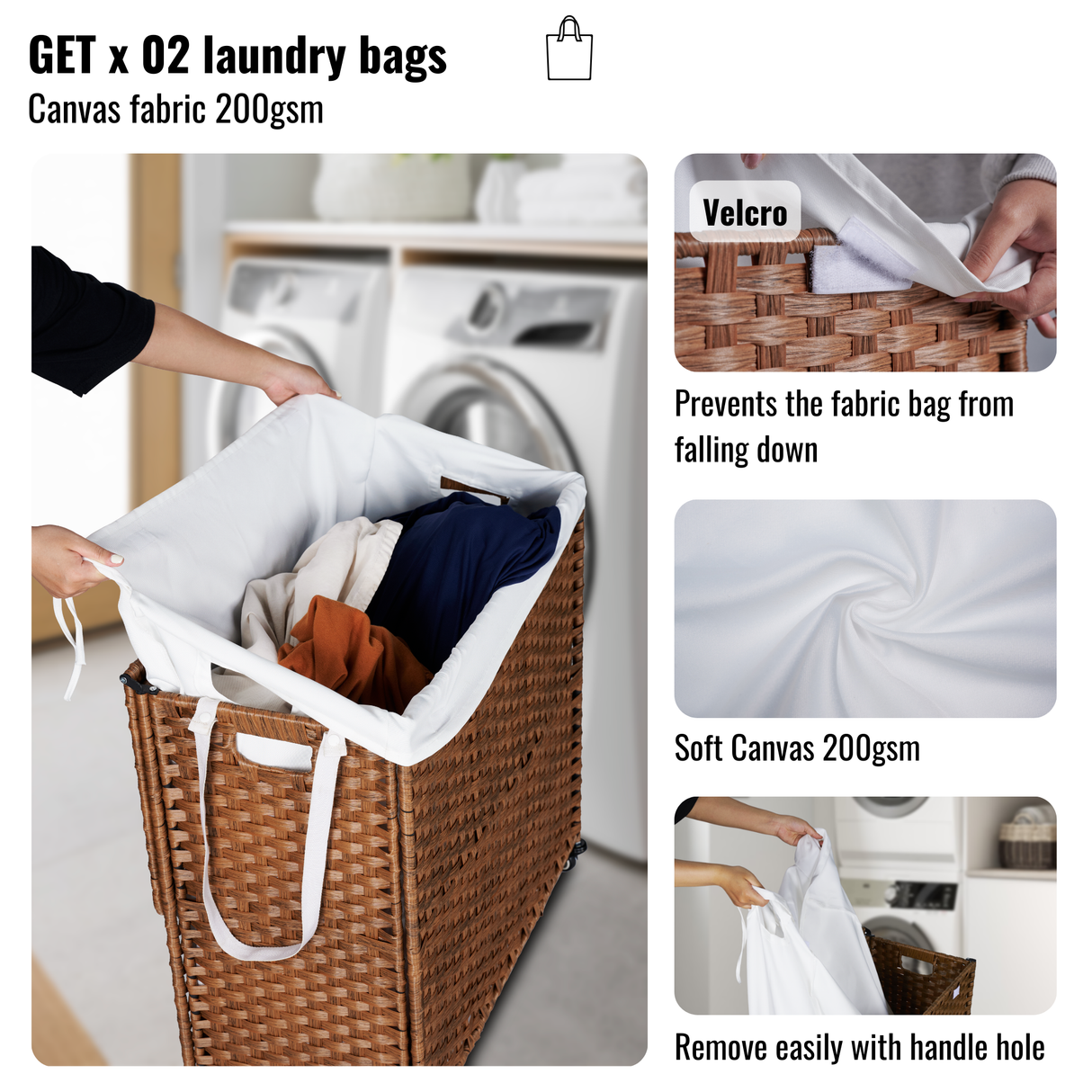Laundry Hamper With Lid PE Rattan Powder Coating Frame Clothes Hampers with 02 Removable Bags, Wheels, 160L, Brown Color - V.I.P Digital Presence