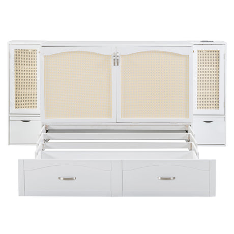 Large Murphy bed wall mounted bed with drawers, 2 storage cabinets, 1 set of sockets and USB ports, white - V.I.P Digital Presence