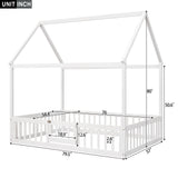 Full Size Wood House Bed with Fence and Door White Wash