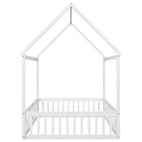 Full Size Wood House Bed with Fence and Door White Wash