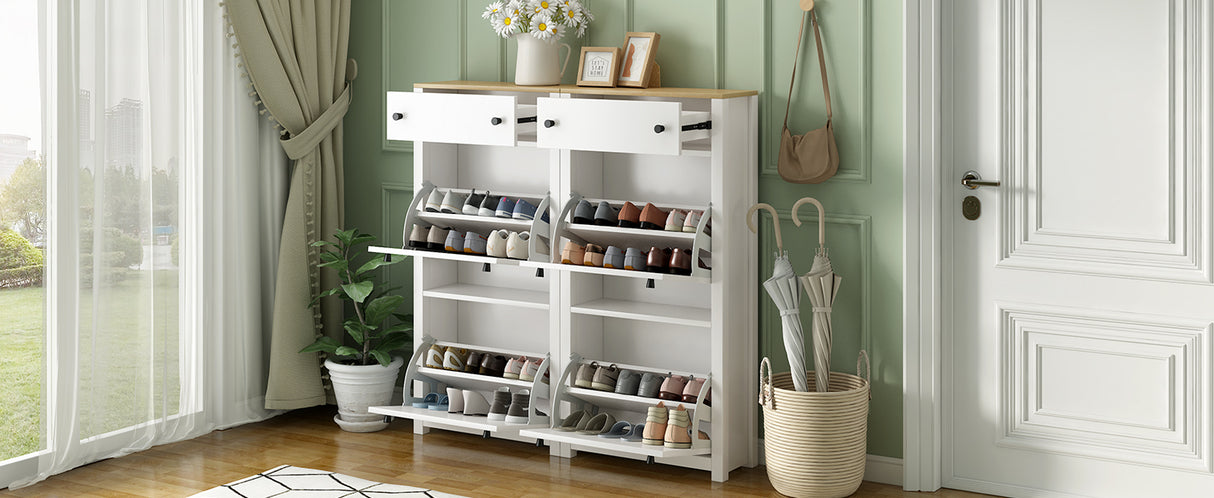 ONTREND ultra-thin shoe cabinet set with 4 flip drawers and adjustable panel top shoe rack, white - V.I.P Digital Presence