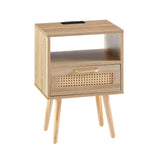 15.75" Rattan End table with Power Outlet & USB Ports  Modern nightstand with drawer and solid wood legs - V.I.P Digital Presence