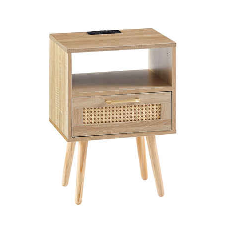 15.75" Rattan End table with Power Outlet & USB Ports  Modern nightstand with drawer and solid wood legs - V.I.P Digital Presence