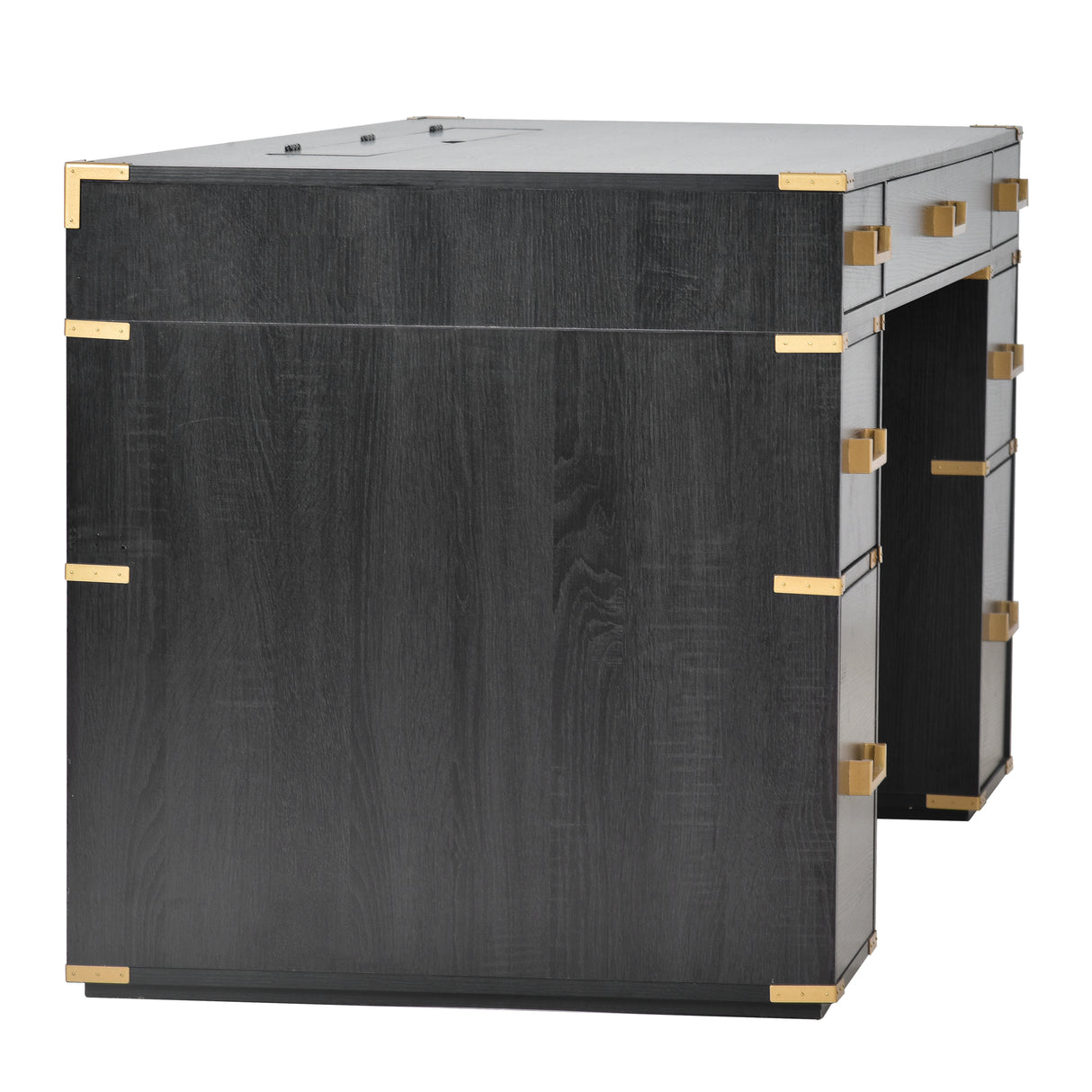 70 inch classic and traditional executive desk with metal trim, writing desk with 2 file drawers, USB ports, and sockets, black - V.I.P Digital Presence