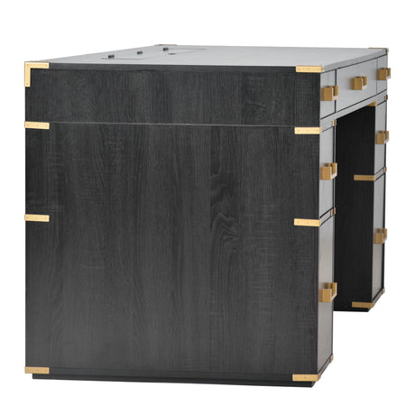 70 inch classic and traditional executive desk with metal trim, writing desk with 2 file drawers, USB ports, and sockets, black - V.I.P Digital Presence