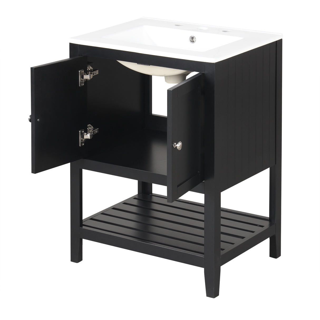 24" Black Modern Sleek Bathroom Vanity Elegant Ceramic Sink with Solid Wood Frame Open Style Shelf - V.I.P Digital Presence