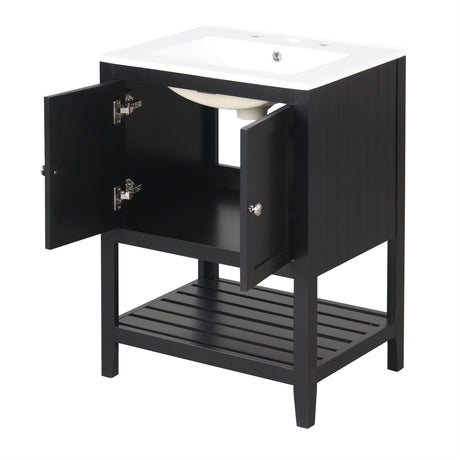 24" Black Modern Sleek Bathroom Vanity Elegant Ceramic Sink with Solid Wood Frame Open Style Shelf - V.I.P Digital Presence