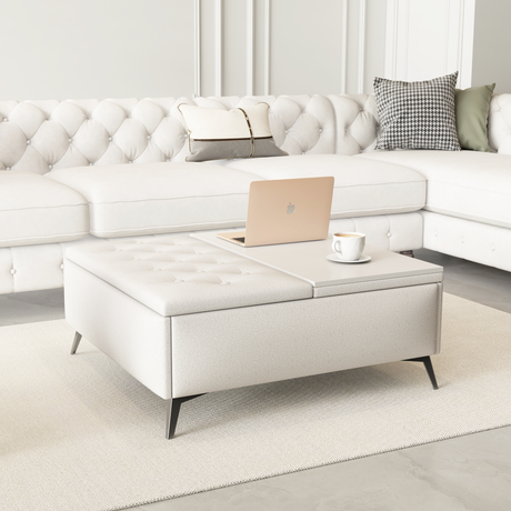 35 inch Wide Square storage benches Coffee Table with Lift Top Oversized Storage Ottoman in Upholstered for Living Room - V.I.P Digital Presence